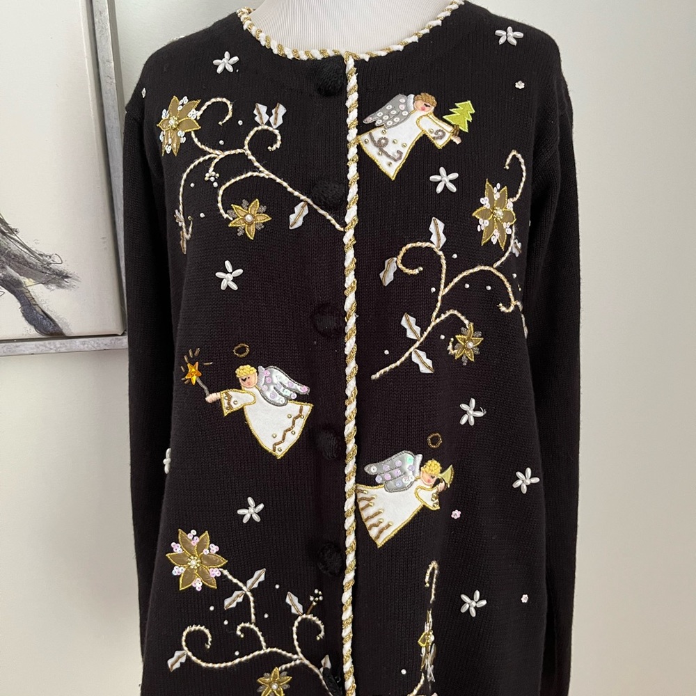Quacker Factory Black Angel Christmas Holiday Sweater Size Small